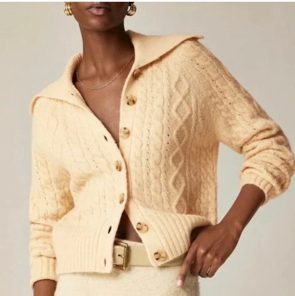 J.CREW Classic Collared Cable-Knit Wool Blend Cardigan L Cream